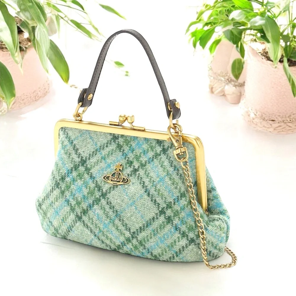Vivienne Westwood Framed Elena Green Tartan Wool Plaid Bag RARE